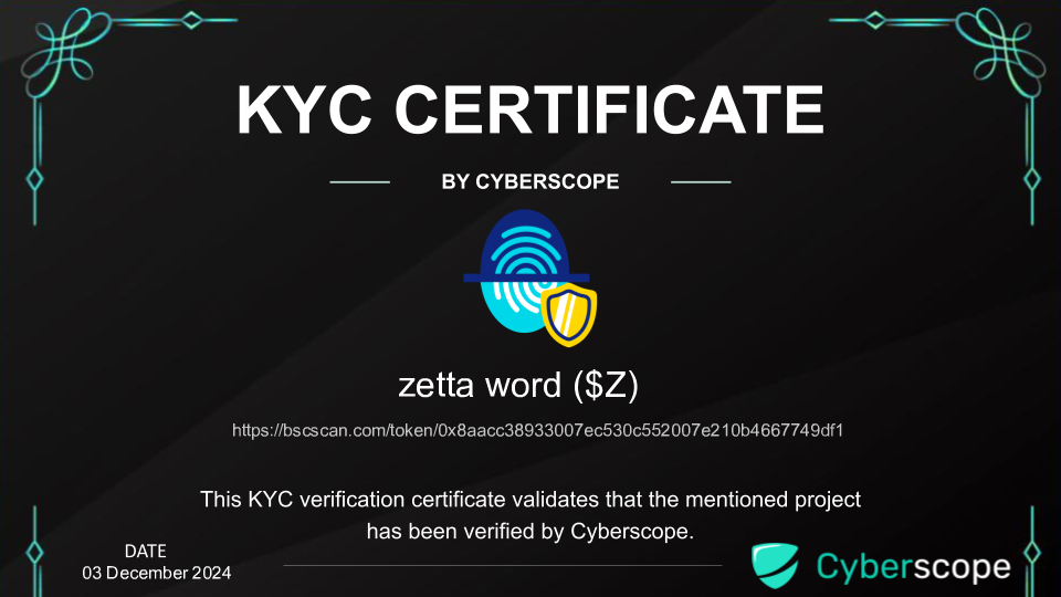 KYC Certificate - zetta word ($Z) verified by Cyberscope